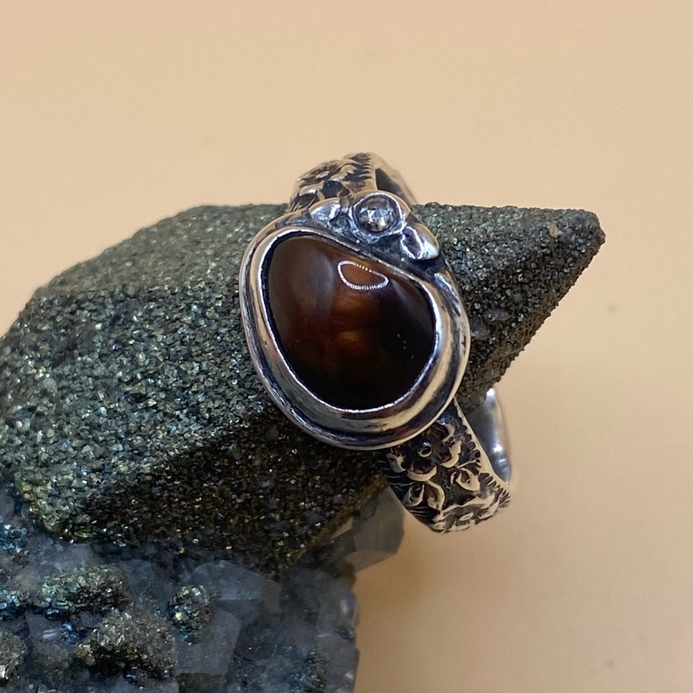 Sterling Silver Fire Agate w/ Salt & Pepper Diamond Ring